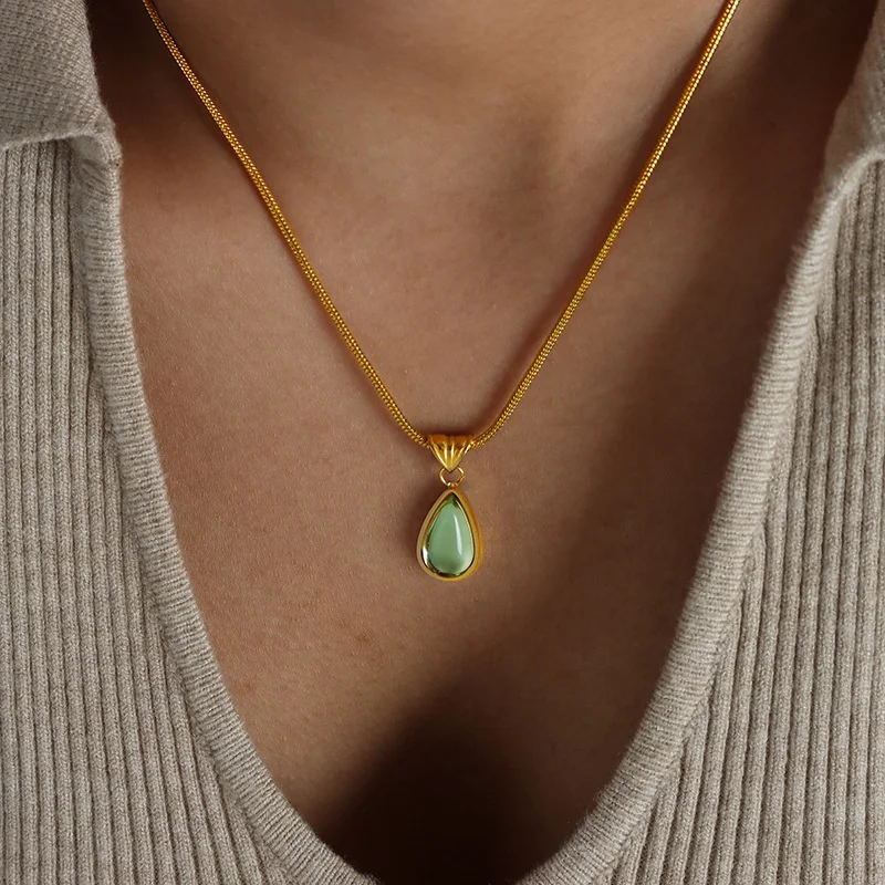 Fashion Fine Jewelry Necklace Stainless Steel Water Drop Green Blue Glass Stone Pendants Chain Waterproof Necklaces For Women