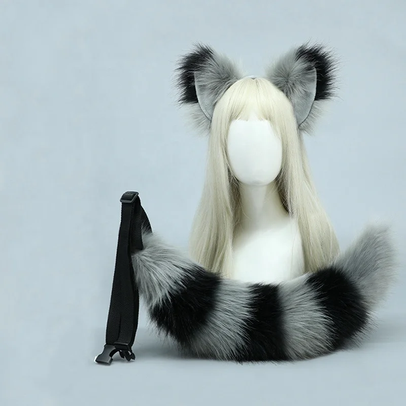 Animal Ears KC Headdress Halloween Raccoon Cosplay Costume Accessories Fox Fur Ears Headband and Tail 2PC Set for Women