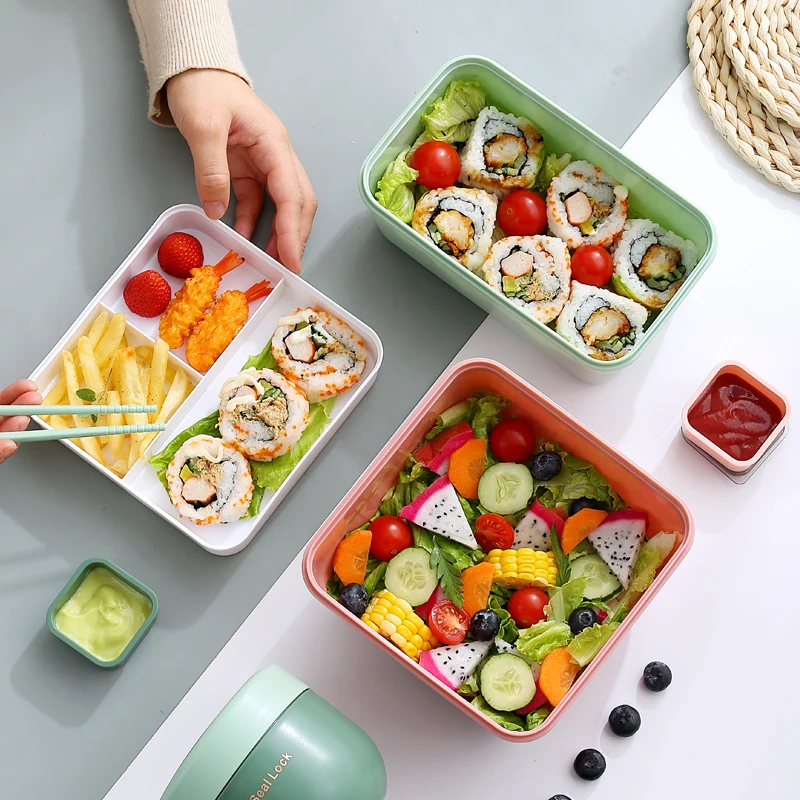 Custom logo all-in-one stackable bento lunch box container salad box with cutlery for kids adults