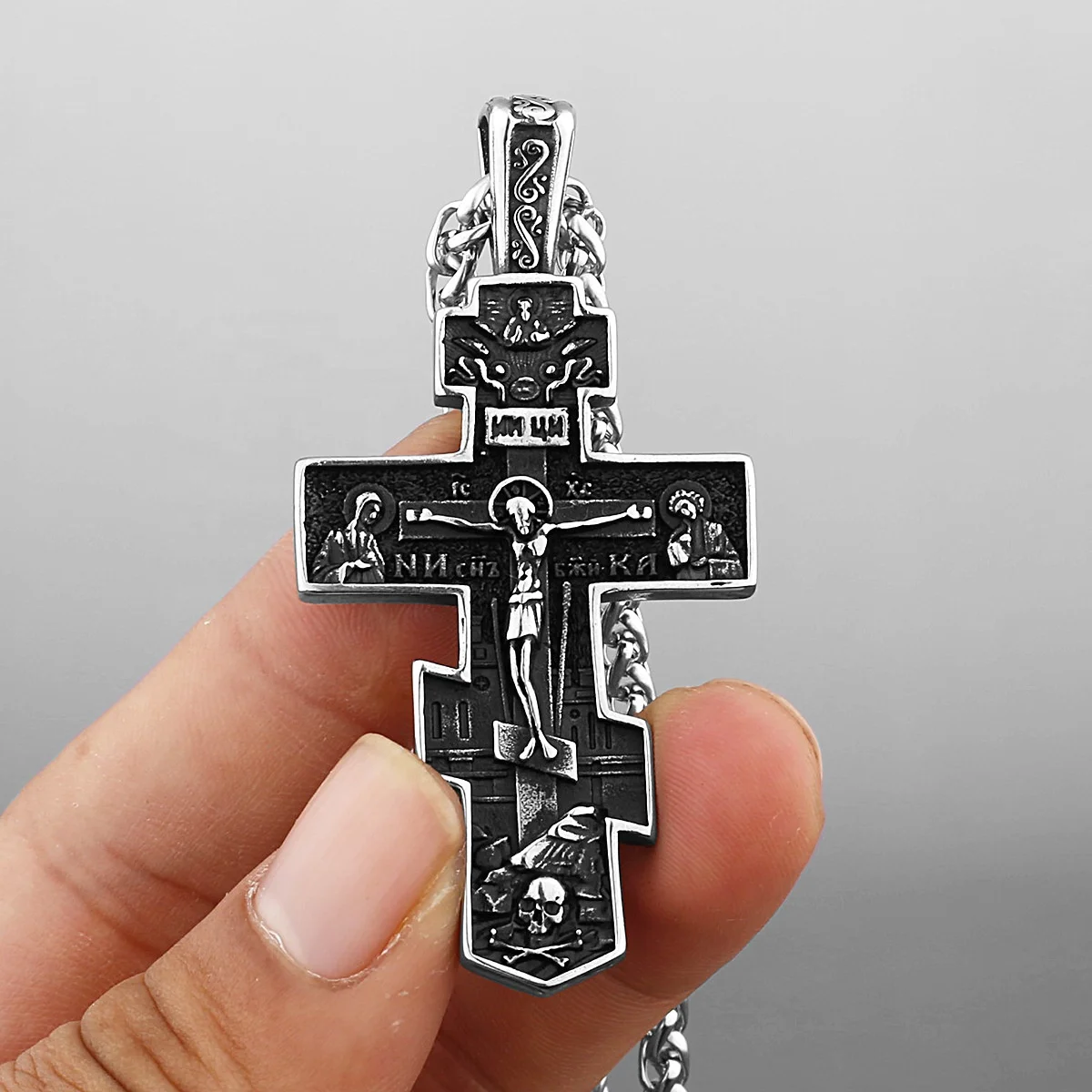 MECYLIFE Christian Orthodox Crucifix Jesus Cross Russian Greek Pendant Stainless Steel Religious Necklace