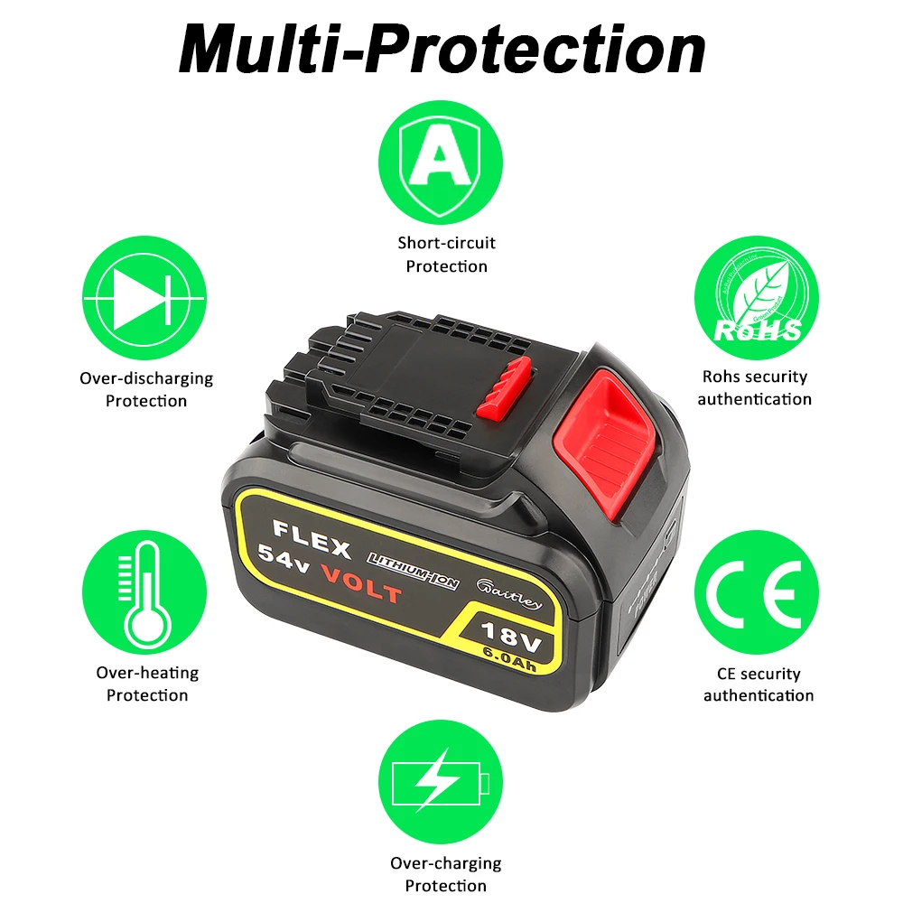 Waitley 18V 54в 6.0Ah DCB606 Замена литий-ионная аккумуляторная батарея для DeWalt Макс XR 20V/60V електричюеского инструмента 6000mAh литиевые