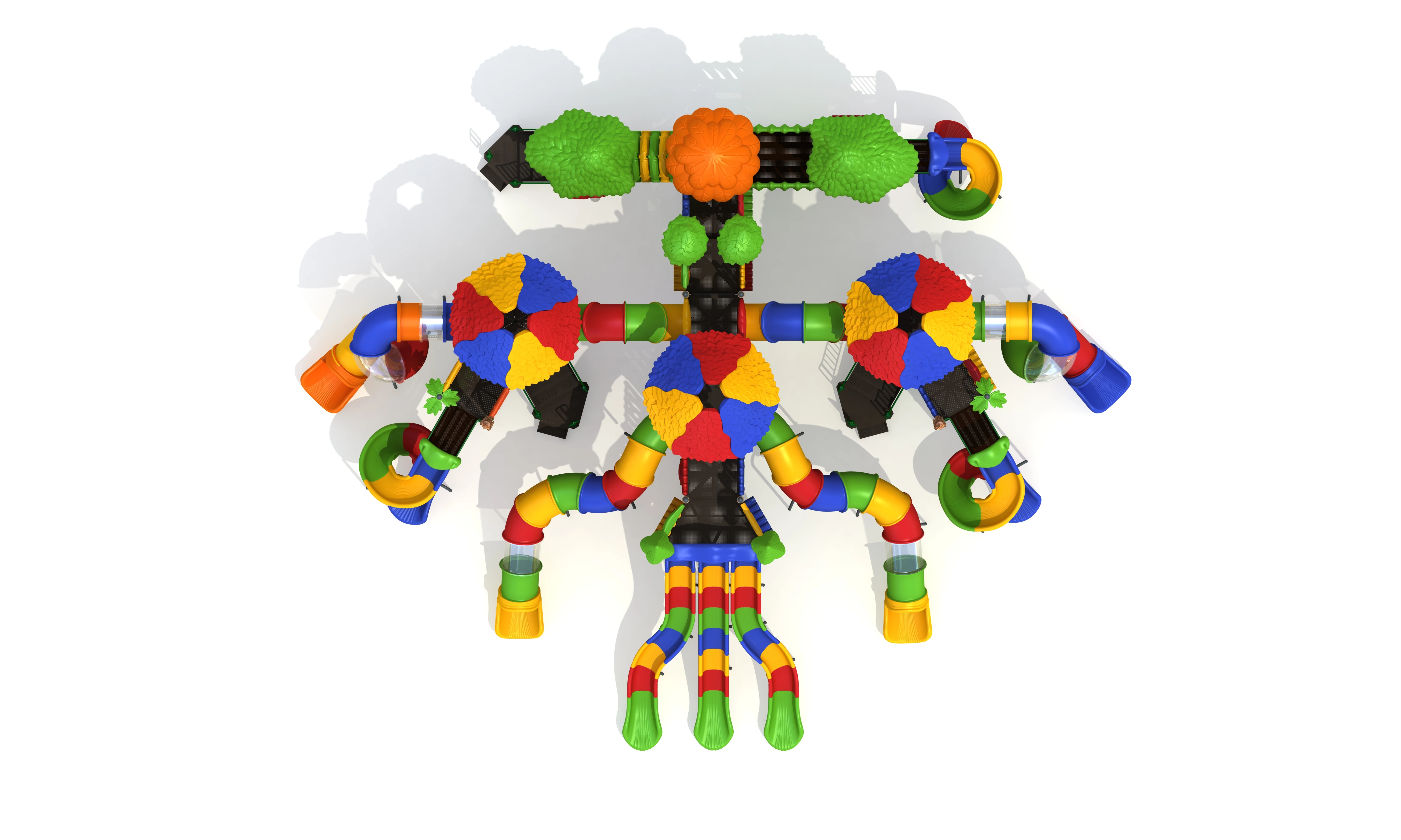 Colorful rainbow Big playground with high play towers and slides for landscaping and amusement park