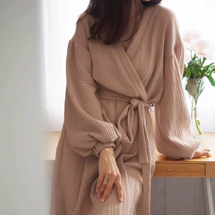 High Quality Double-layer Crepe Custom Cotton Muslin 4 Layer Lady Gown Breathable Women Bathrobe Luxury Spa