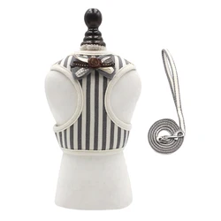 Striped Pattern Bowtie Design Pet Harness Vest With Leash, Formal Dress Dog Cat Harness Set With Leash