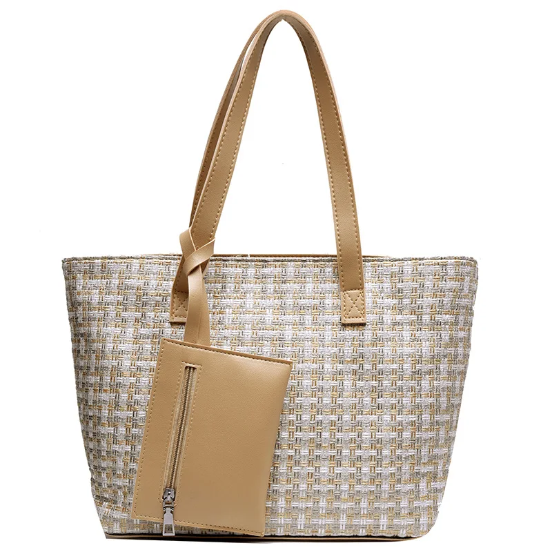 New Arrival Fashion Woven Shopping Bag Large Capacity 2 Pcs Mother Handbag And Purse Leisure Shoulder Bag Set