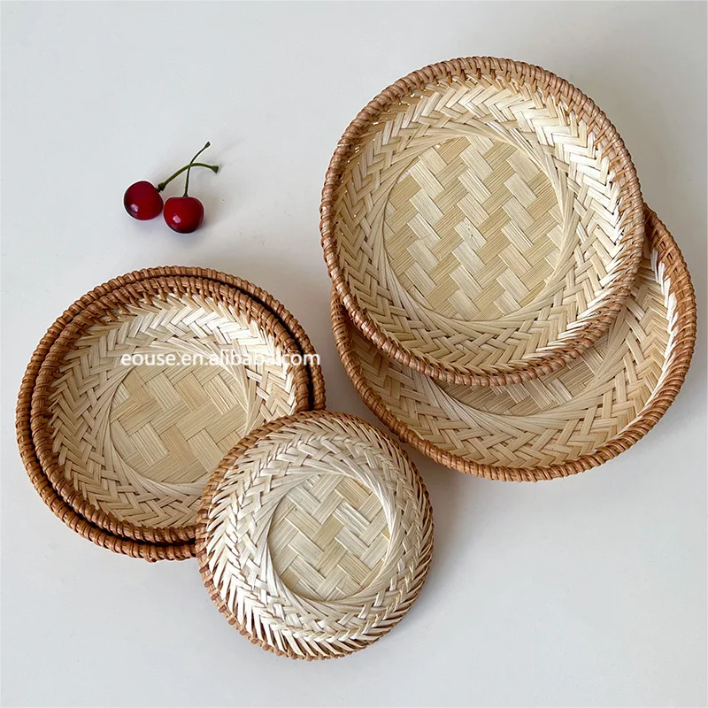 Wholesale Handmade Bamboo Rattan Round Tea Fruit Dried Fruit Snacks Bamboo Storage Basket Chinese Zen Pastry Plate