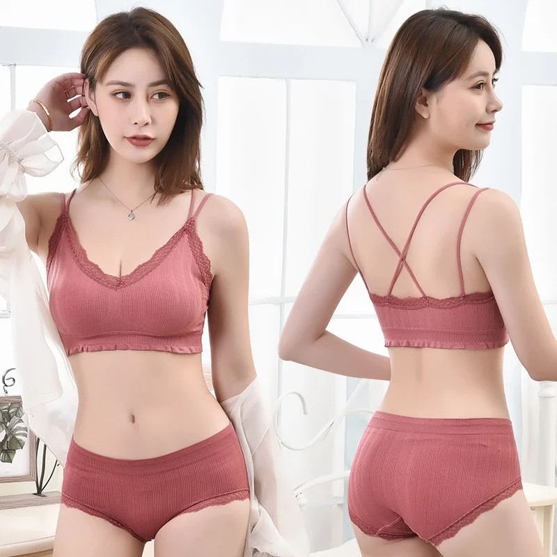 Sexy Girls Thin Cup Bra Panties Wireless Lingerie Women beauty back Wire Free Bra Brief Sets