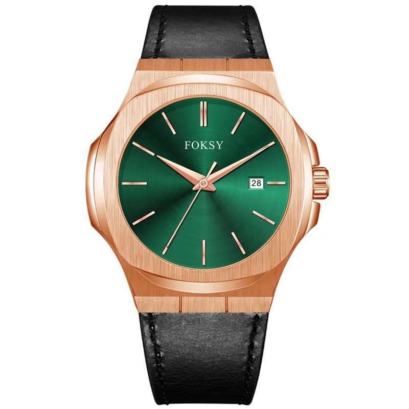Rose Gold 316L Steel Case Green Dial Black Leather Branded Men Wrist Watch New Fashion Trendy