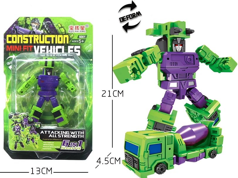 Green Color plastic Engineering Hybrid robot individual packaging 6 in 1 combination transform toy robot for kid