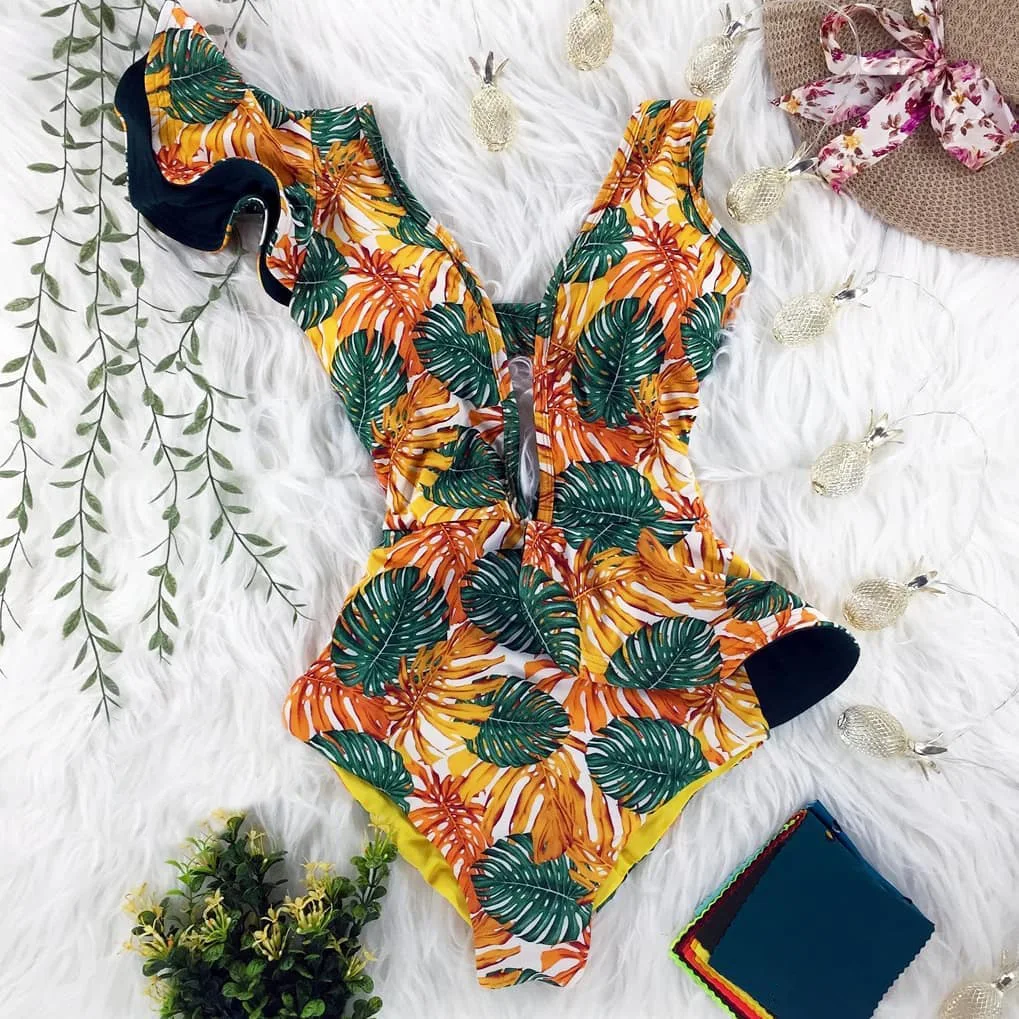 Wholesale price Women Swimwear Floral Print Bodysuit Sexy Deep V Gather Sexy One Piece Swimsuit