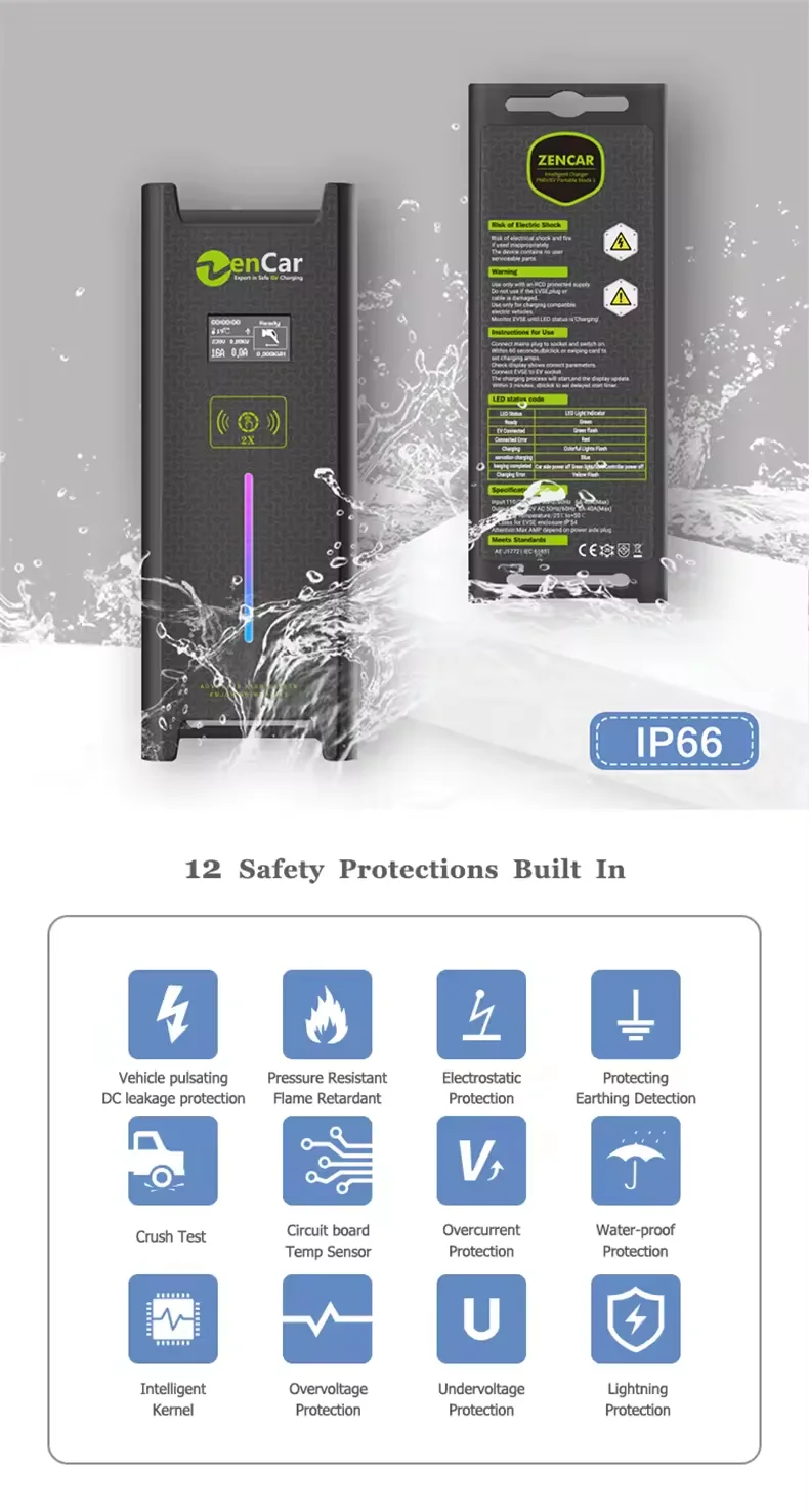 Type 2 16A 3.6KW Portable EV Charger With Red CEE Plug Zencar Evse Screen Easy Operate