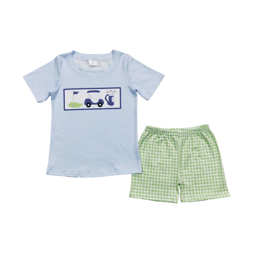Summer Baby Boys Wholesale High Quality Clothing  Embroidery Cute Dog Blue Striped Short Sleeve T-shirt Top Shorts Outfit