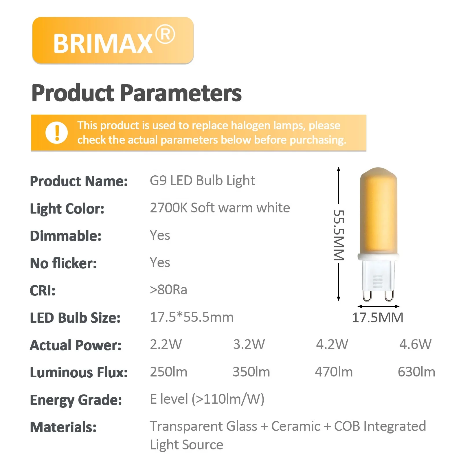 No-Flicker LED Chandelier Lighting Bulb 4.6W, 50Watt Halogen Equivalent G9 Bi Pin Base G9 Dimmable Warm LED Light Bulb