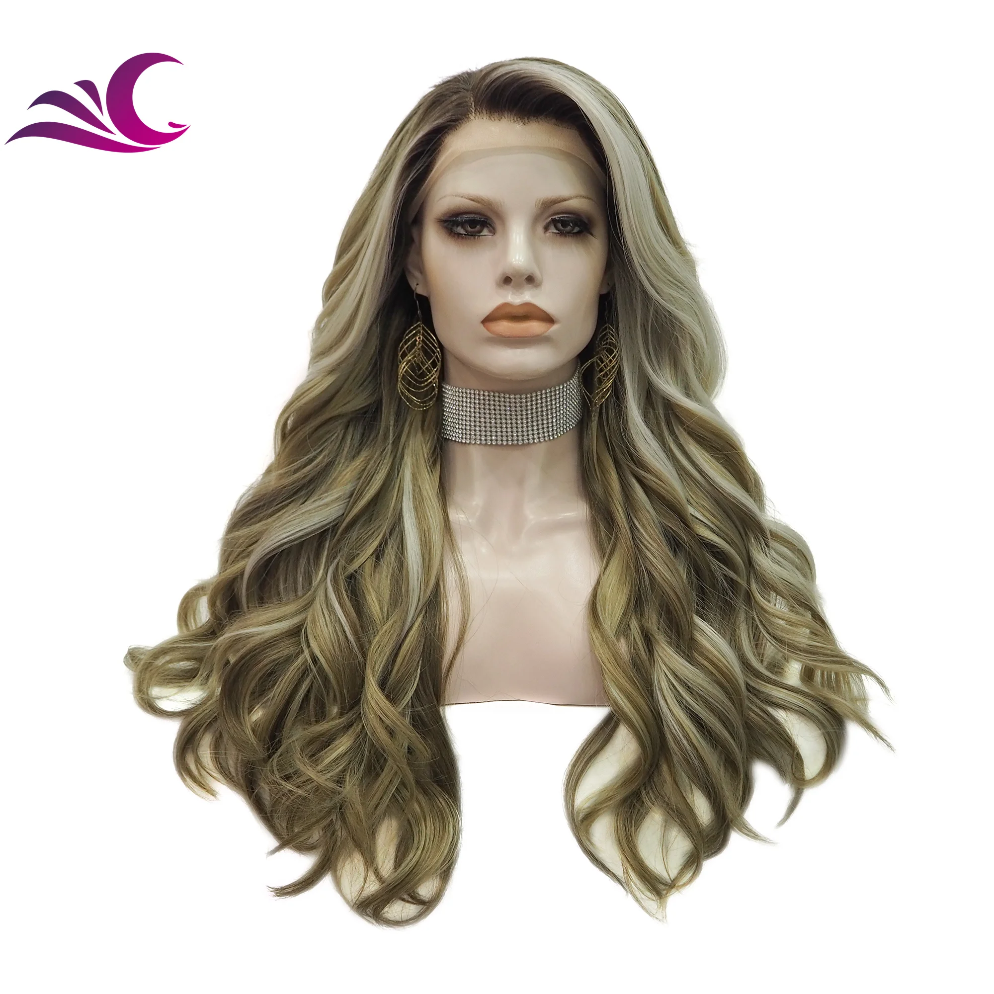 Celebrity Blond Highlight Pre Plucked Natural Hairline Lace Front Wigs Heat Resistant Fiber Lace Wig Synthetic for White Women