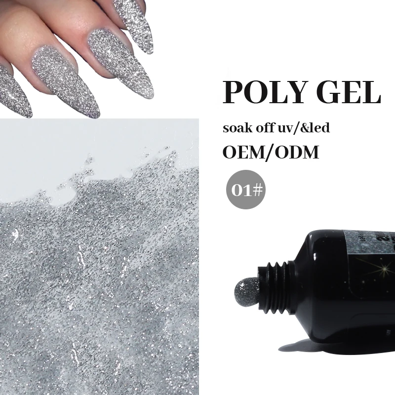 Custom Logo Reflective Glitter Poly Gel Silver Pink Diamond Shiny Nail Extension Gel Soak Off Nail Art UV Gel Varnish 15ml