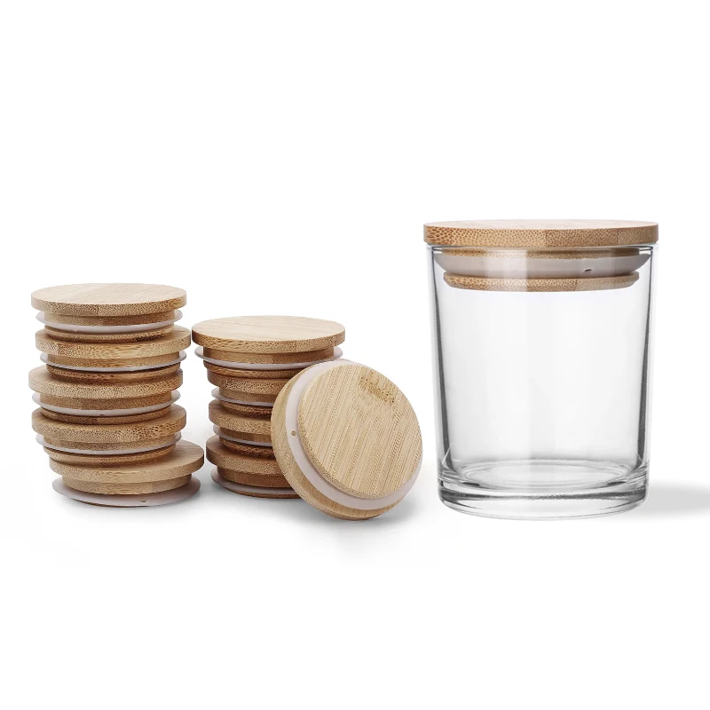 Wholesale Customized Clear Iridescent Holographic Candle Glass Jars with Bamboo Lids and Private Label for Scented Candle Making