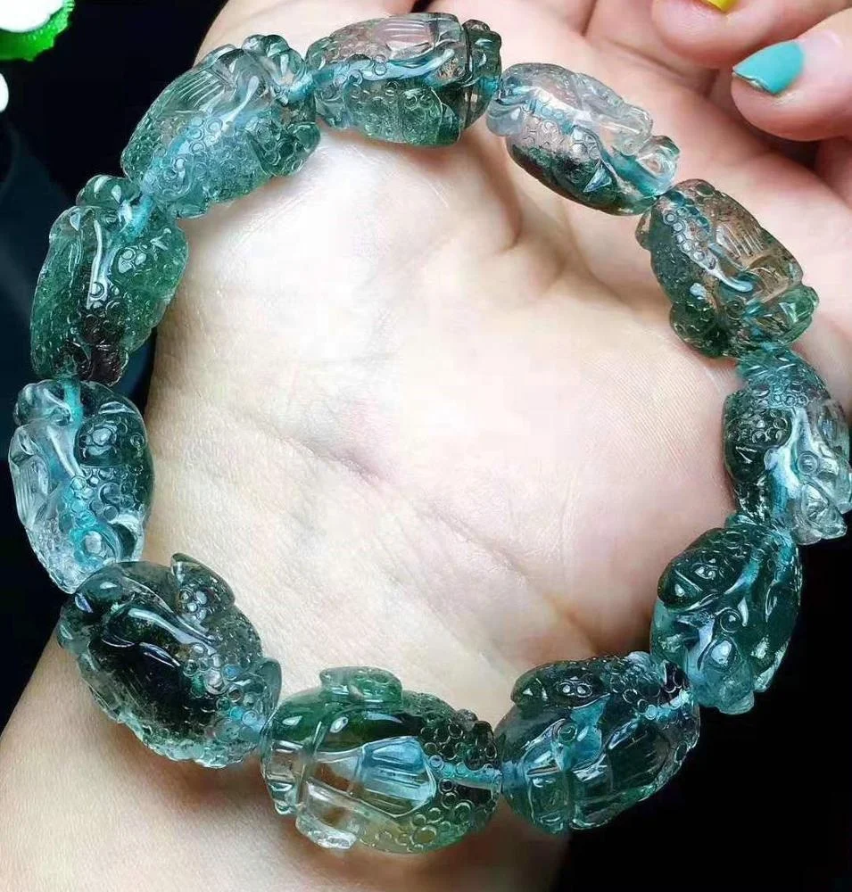 Wholesale Natural Green Phantom Quartz Crystal Hand-carved Pi Xiu Bracelet