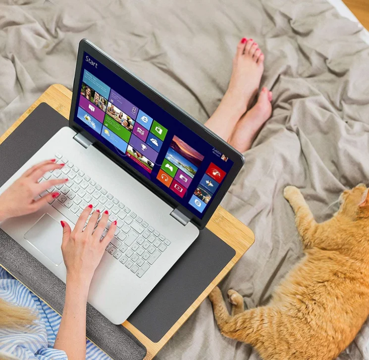 Bamboo Laptop Stand Tray Bed Sofa Desk Table With Soft Pillow Cushion Lap Desk for Studying&Working