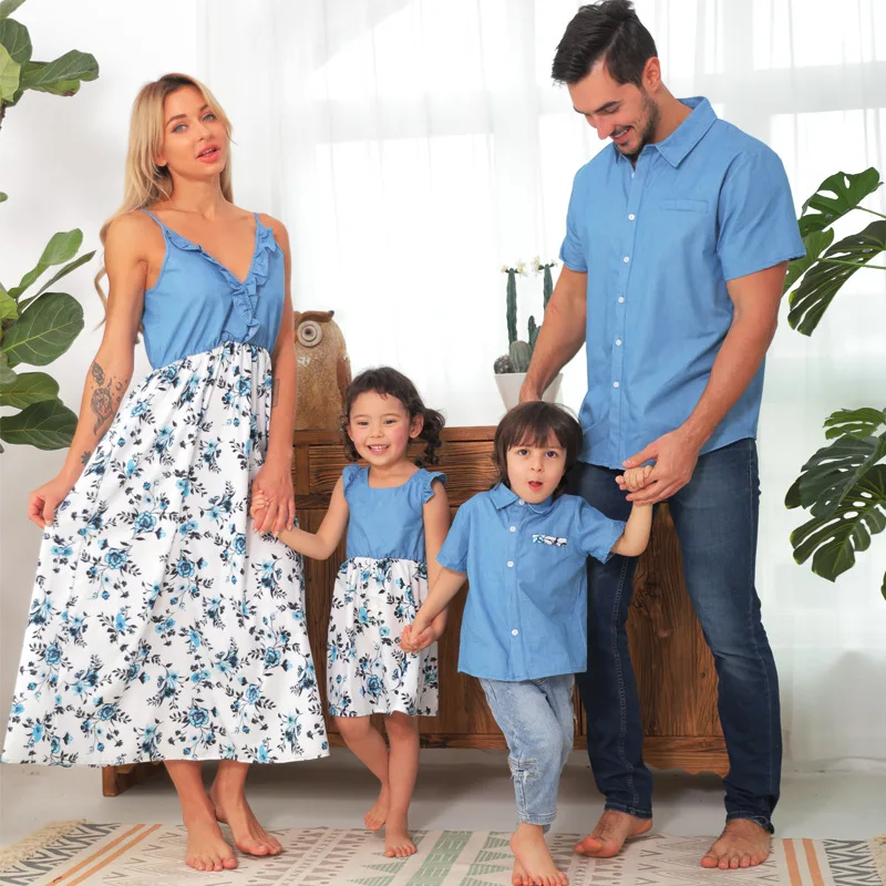 
2021 match families outfit summer mommi and me dad and son sleeveless mom and daughter matching dresses 