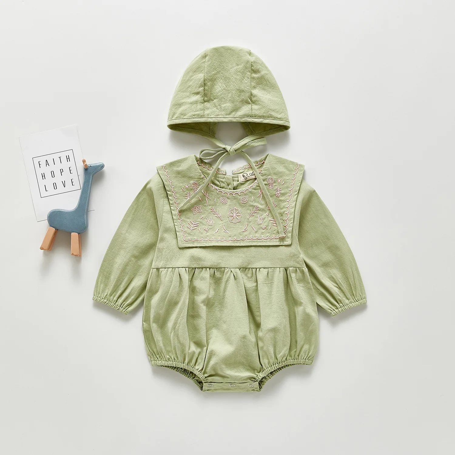 fashion Plain Embroidery Cute Sweet Style Soft Cotton Long Sleeve Baby Girls Romper Toddler Clothes With Hats