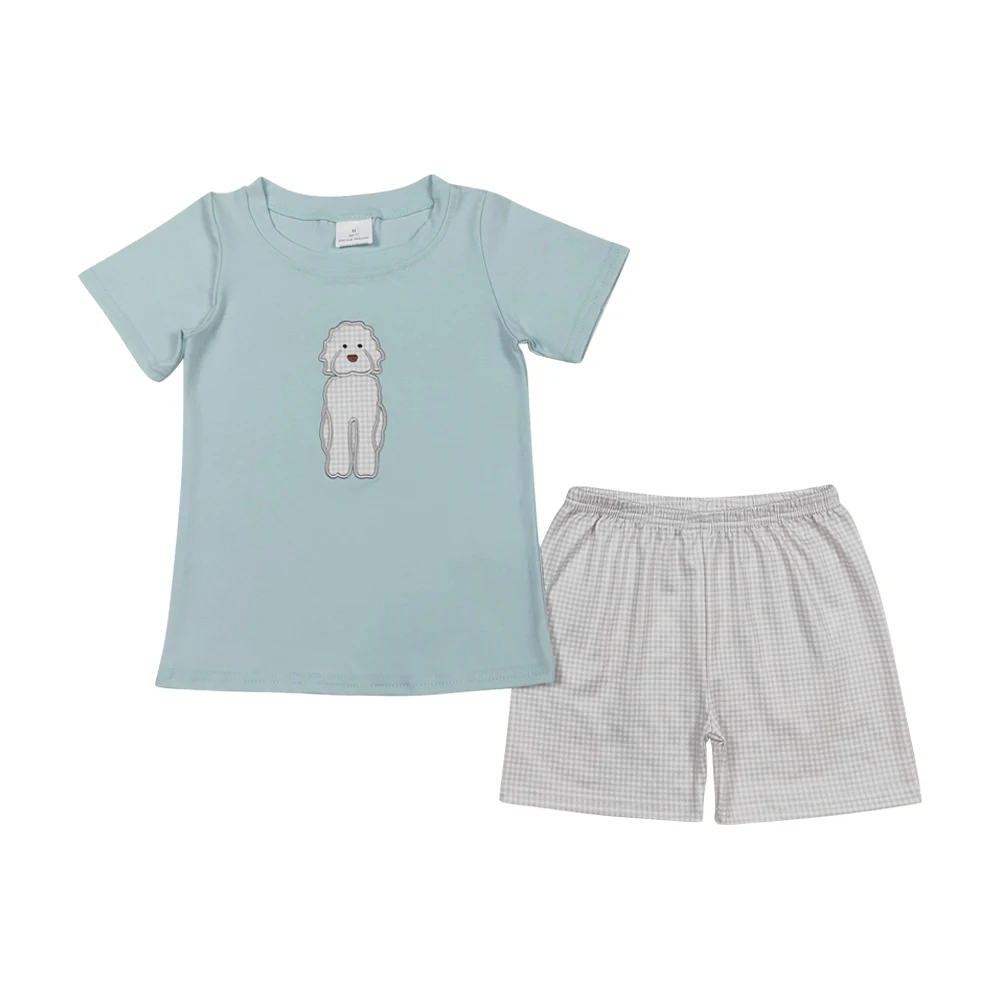 New toddle baby boy embroidery puppy dog top matching plaid shorts summer fashion outfit wholesale baby kids boutique set