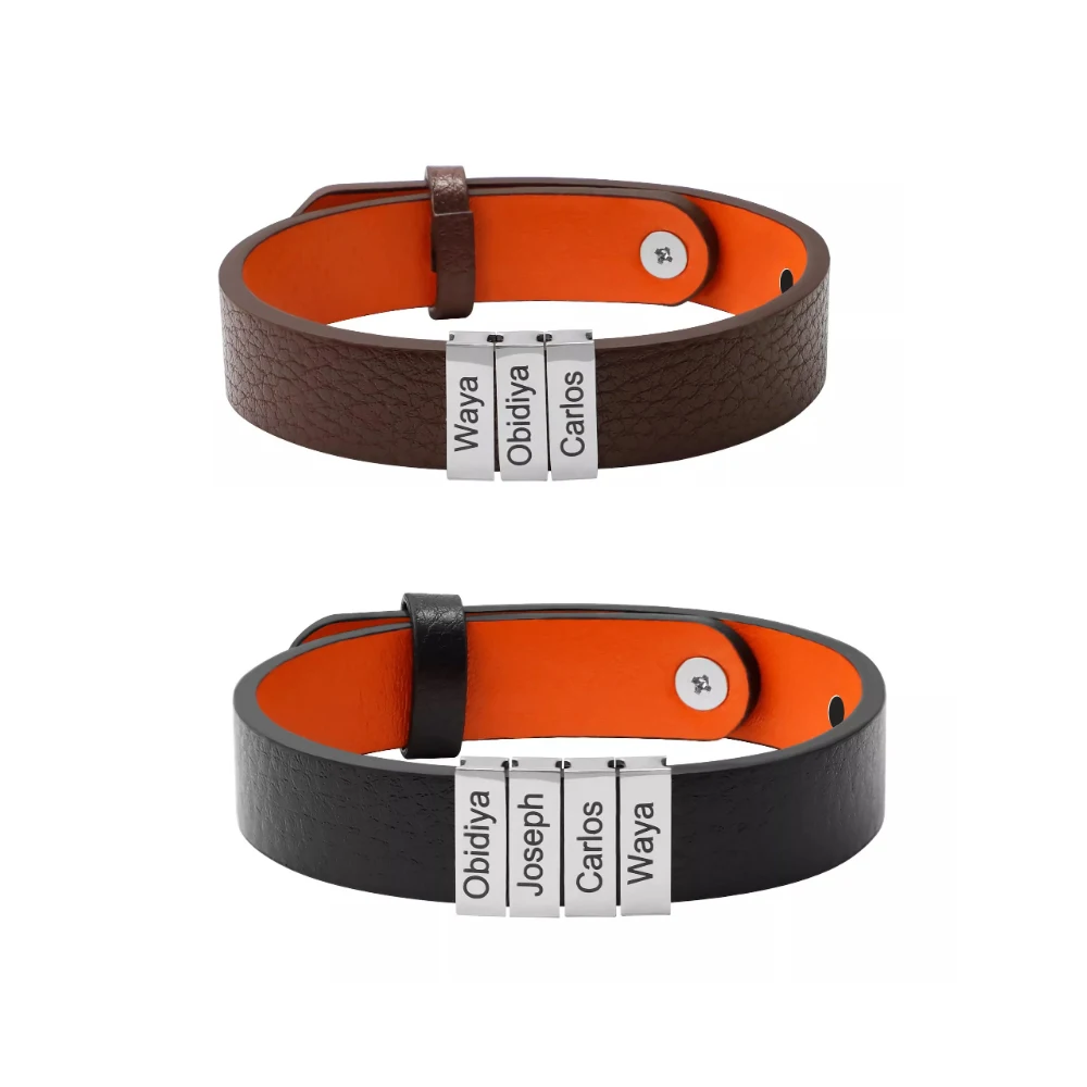 Father Gifts Engrave Personalized Genuine Leather Bracelet Stainless Steel Beads Custom Name Charm Bracelets with Family Names