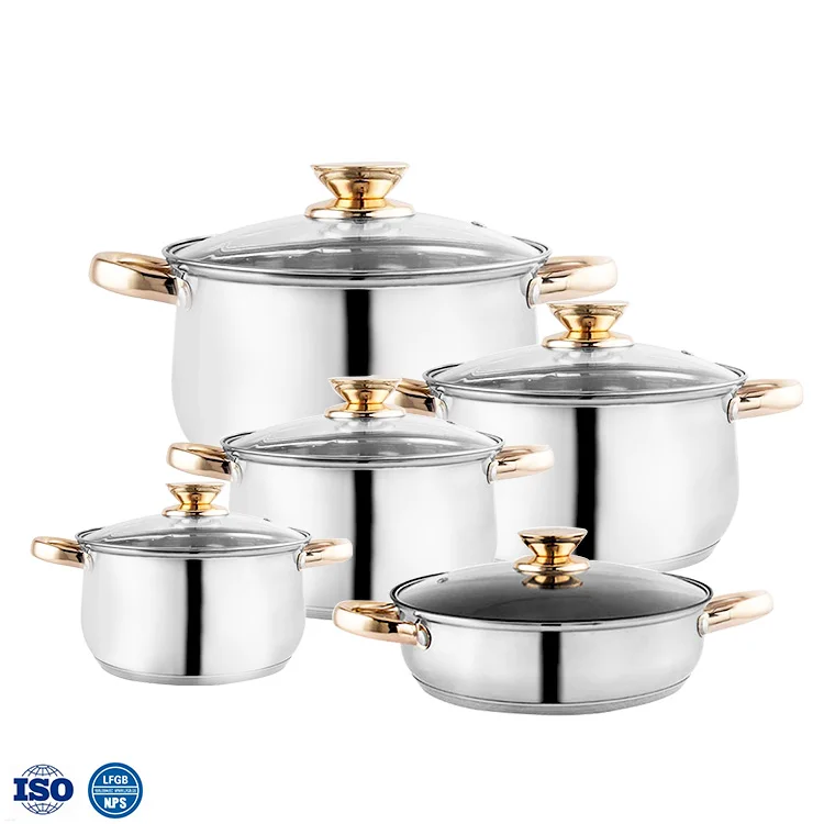 Supply Amazon wholesale 8pcs golden plated handles stainless steel cookware set for gas burner induction cooker cooking pot set