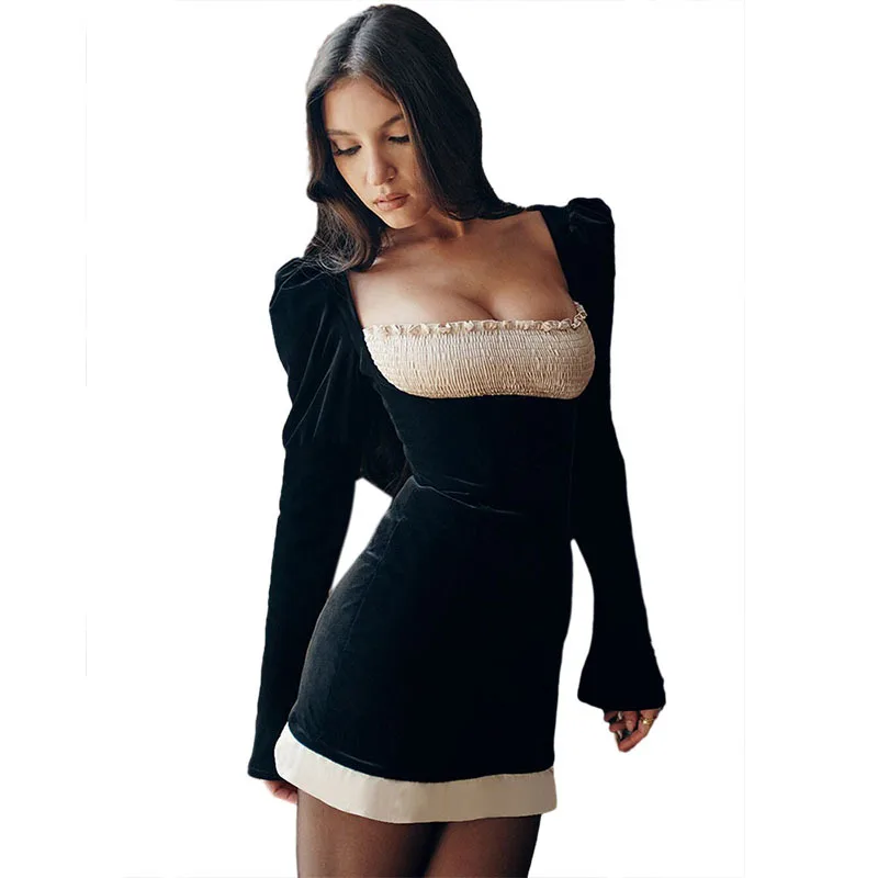 YY1317 fashionable women long sleeve square collar velvet short dress sexy women bodycon dress