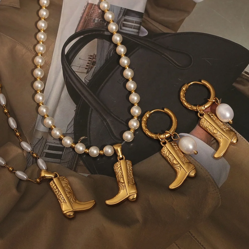 Wholesale Hypoallergenic Huggie Hoop Pearl Earrings Bulk 18K Gold Plated Jewelry Vintage Western Cowgirl Cowboy Boot Earrings