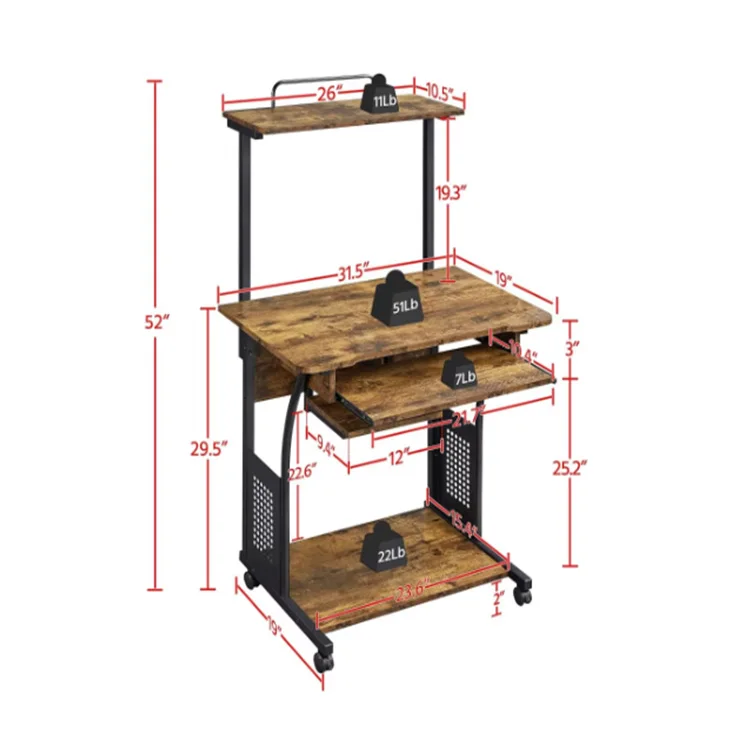 3 Tiers Rolling Computer Desk with Keyboard Tray and Printer Shelf for Home Office, Mobile Computer Desk