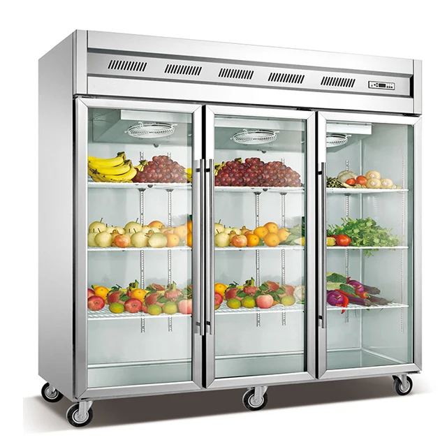 3 Glass Doors Fridge Vegetable Multideck Upright Freezer Air Cooling Display Refrigerator Showcase