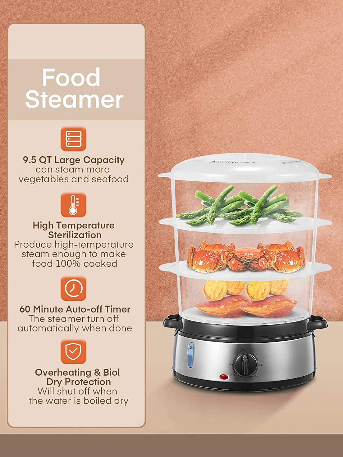 9L 3tiers Electric home food Steam Cooker  with Steamer&timer  for cooking ,food egg corn heating