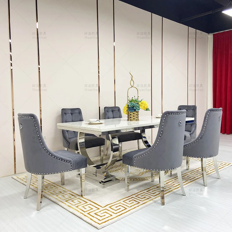 Modern cheap American high quality dining room stainless steel frame marble top square 6 8 10 seater dining tables set