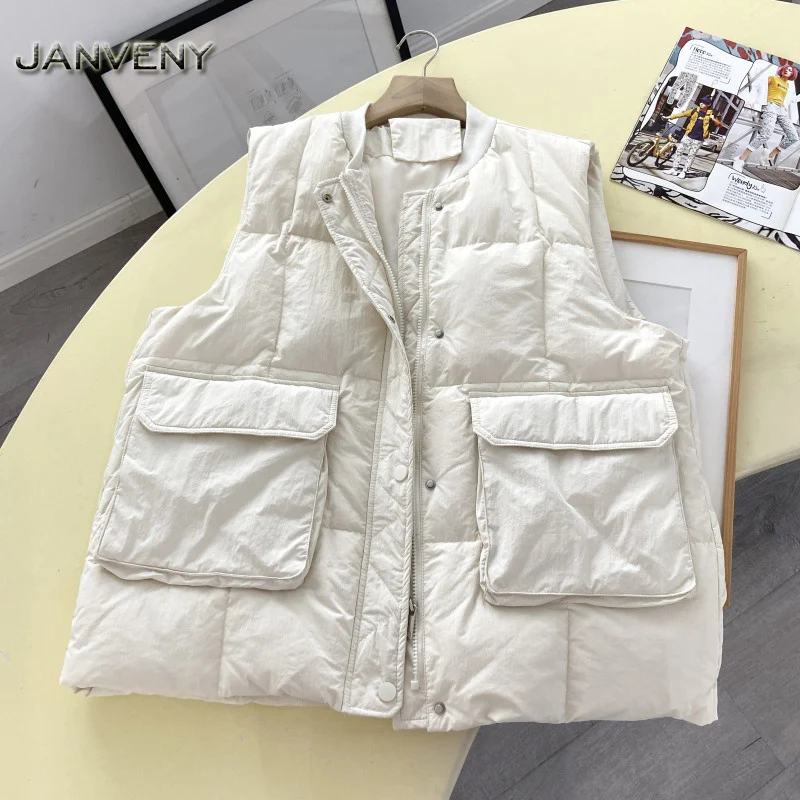 JANVENY 2022 New Winter V-neck Single Breasted Down Vest Women Elegant Wide Shoulder Pockets Stand Collar Loose Puffer Waistcoat
