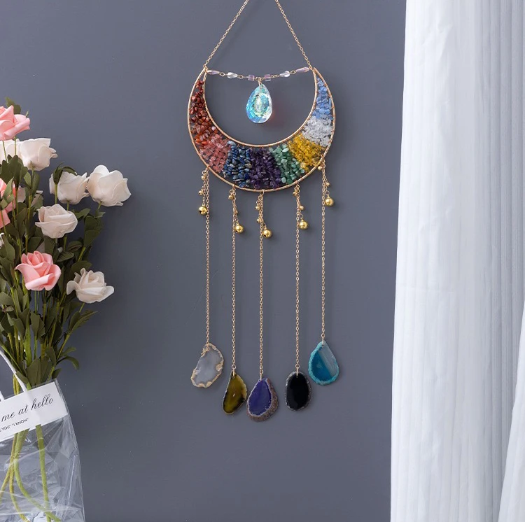Natural Healing stones moon crystal tree of life sun catcher wind chimes hanging for home decor stone leaf crystal hanging
