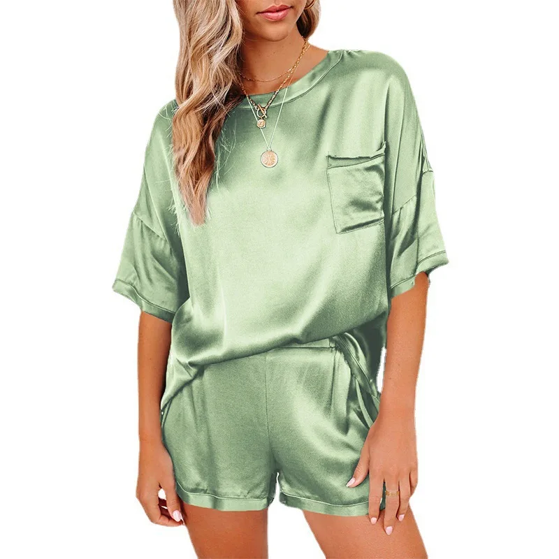 2022 new suits solid color chiffon pajamas home clothes short-sleeved shorts loose and casual two-piece suits