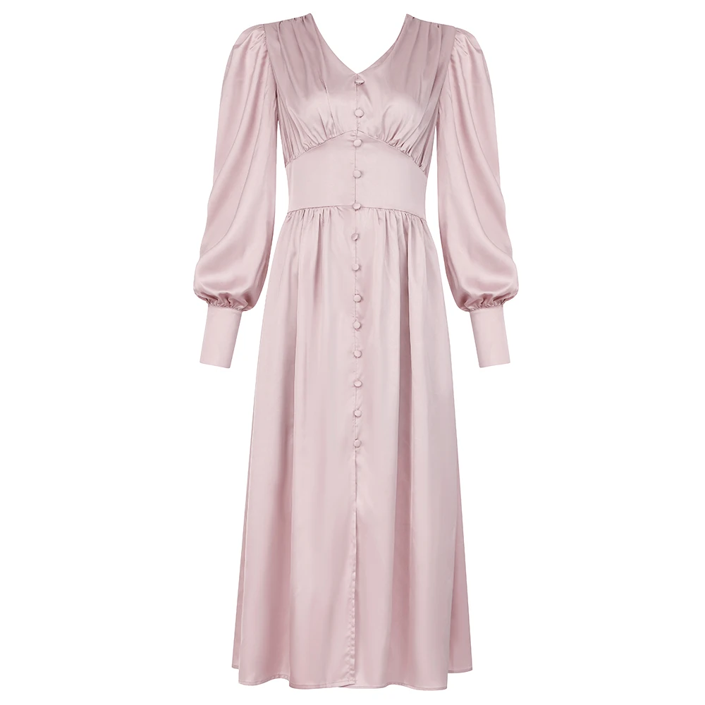 Court Elegant Ladies Long Dress Lantern Sleeve Button Dress Elegant Slim Fit Satin Side Slit Fashion Prom Dresses