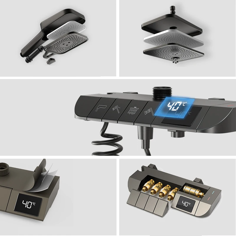 DQOK Black Gun Gray Copper Piano Shower Set 4 Functions Rainfall Shower Head Bathroom Shower System With Temperature