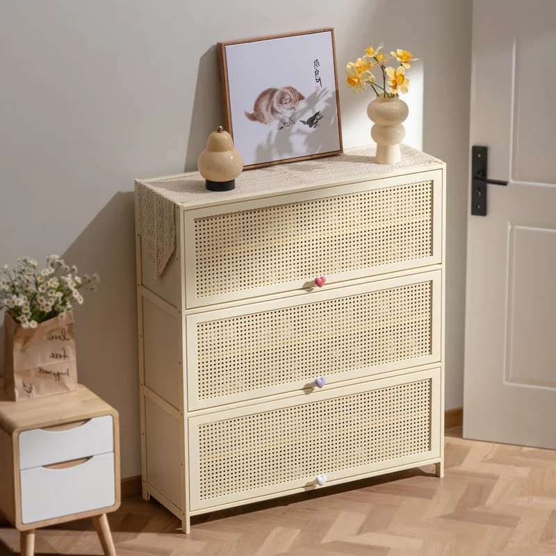 Fashion bamboo frame wooden board living room dining room furniture 30 pairs large volume fabric rattan shoes rack cabinets