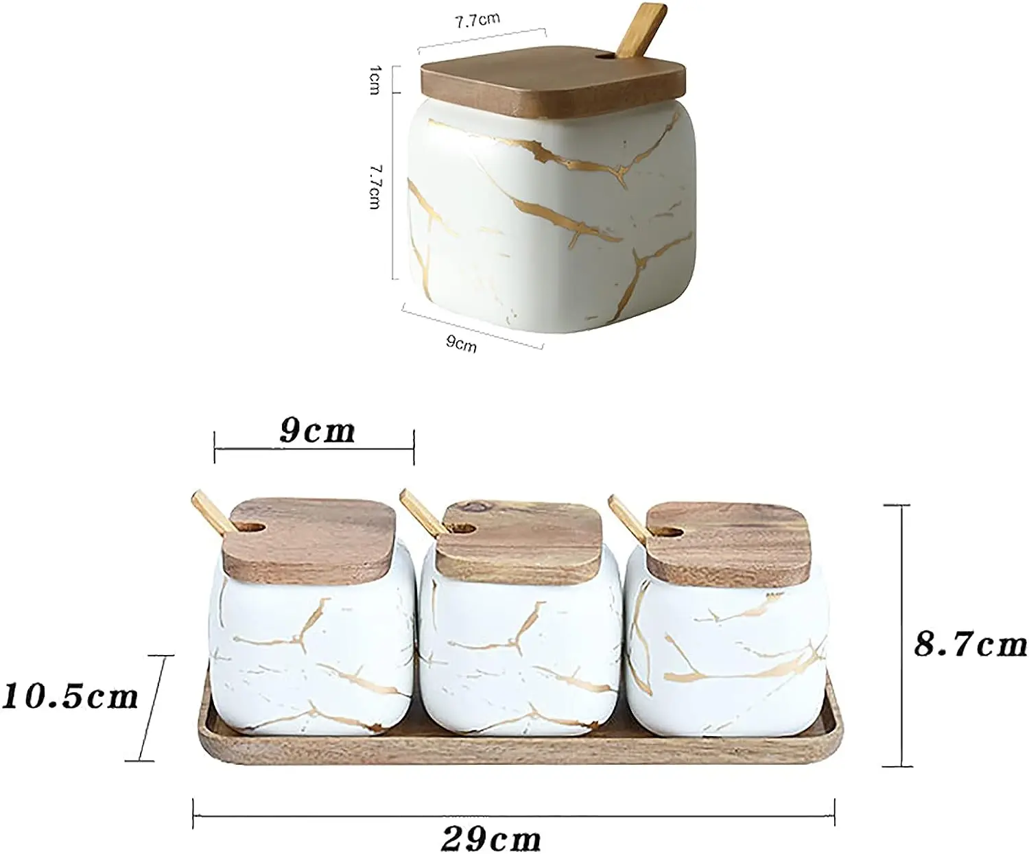 3 pcs Porcelain Condiment Jar Set Kitchen Ceramic Spice Jar with Bamboo Tray Marbled Ceramic Storage Jar