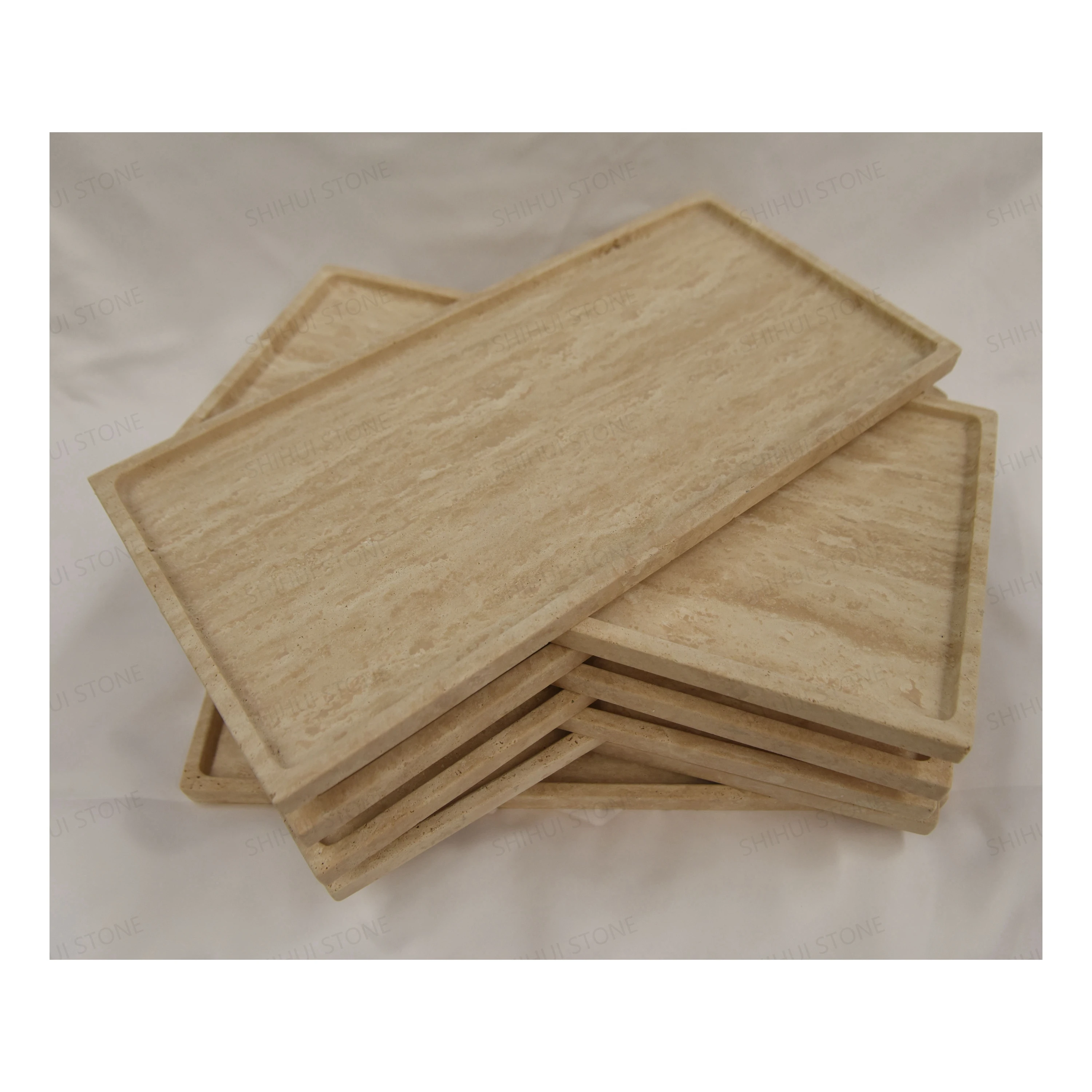 SHIHUI Wholesale Natural Stone Rectangle Shower Tray Beige Travertine Marble Trays Set Serving For Home Decor Travertine Trays