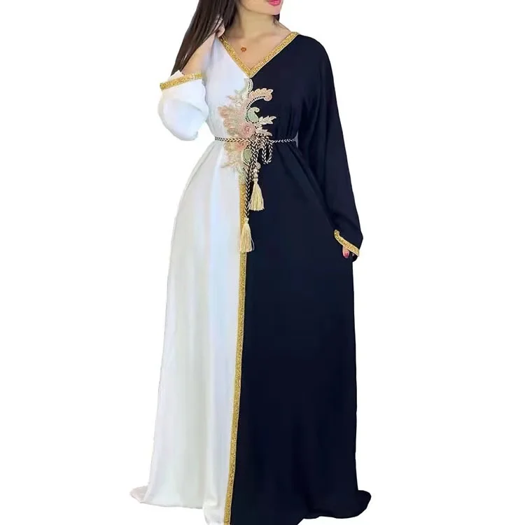 Arab Dubai Turkey Malaysia solid color stitched gown two-color Muslim Islamic women hoodies dresses Abaya