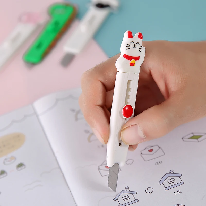 Cute Dinosa/Cat Mini Utility Knife Box Cutter Retractable Wrapping Paper Cutter Portable Paper Knife Student Art Knife