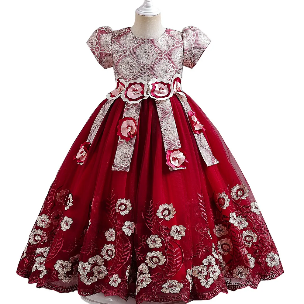 High quality girls short sleeve party ball princess dresses embroidered flower long dress