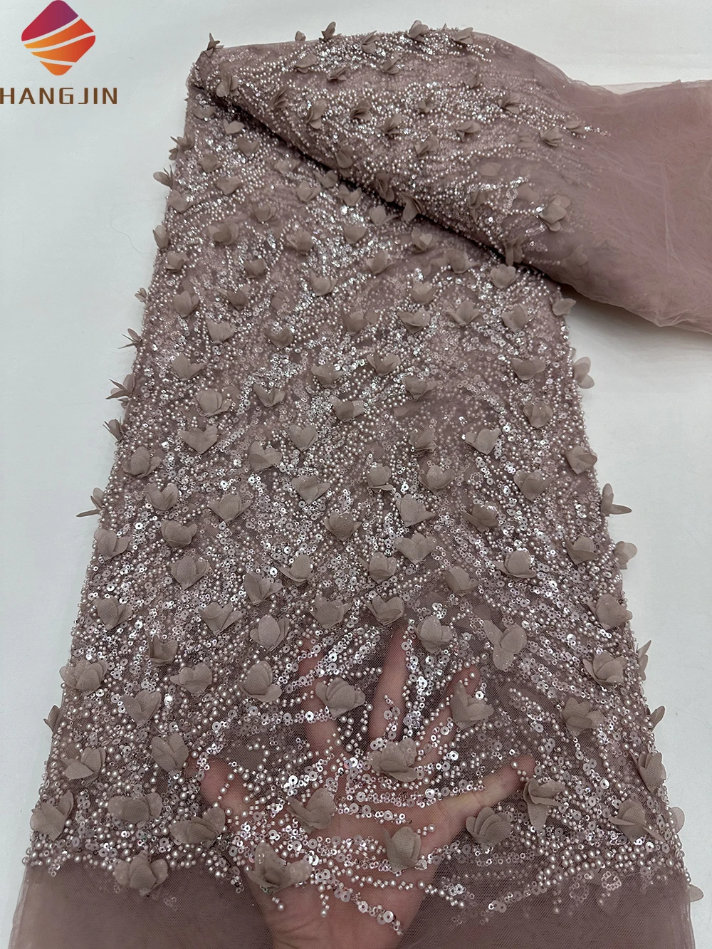 White High Quality African Beaded Sequins 3D Flowers Embroidered Lace Fabric French Tulle Beads Lace Fabric For Bridal Dress