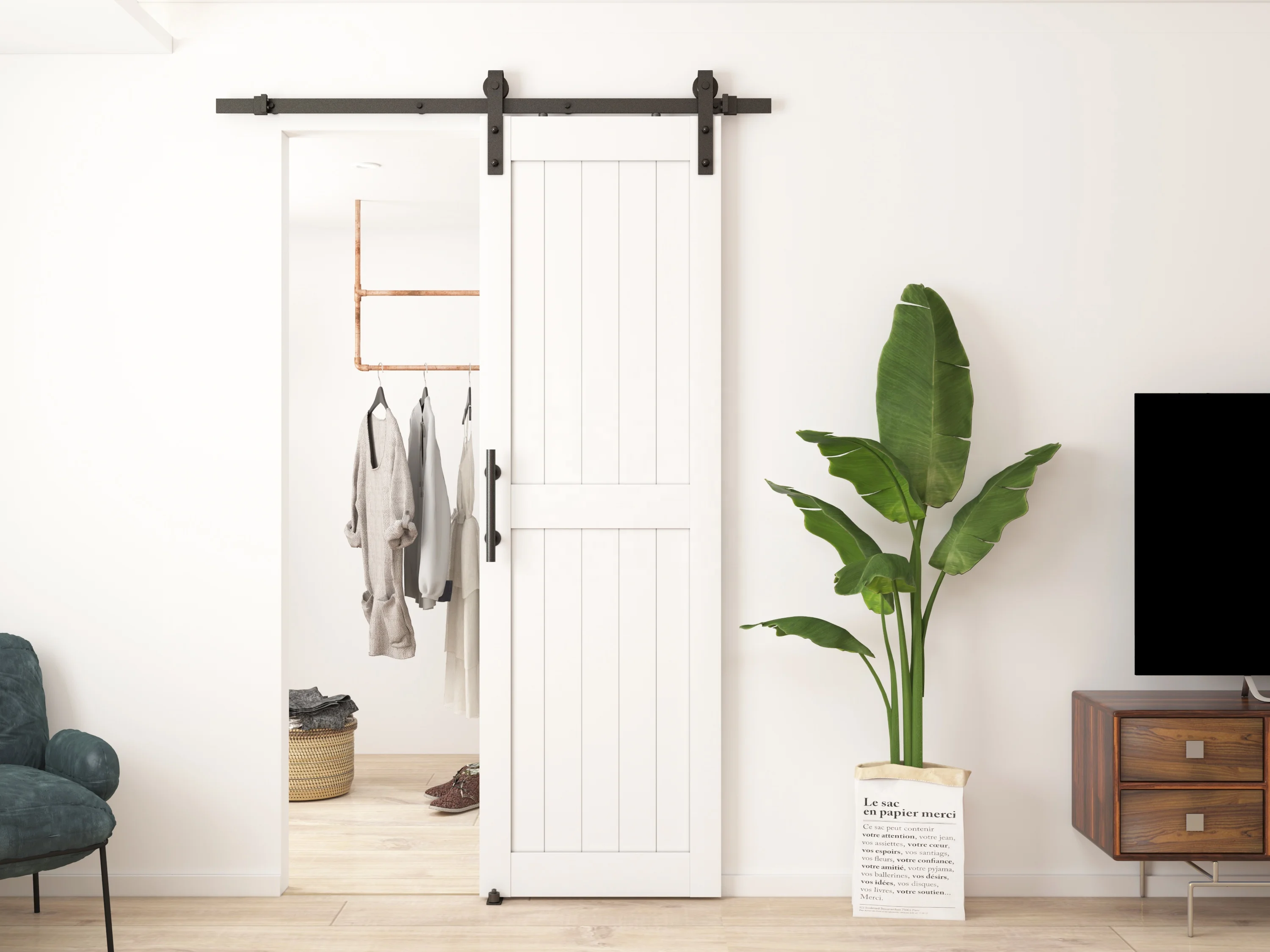 MDF Waterproof PVC Coating, H frame White Barn Door Slab with hardware kit,