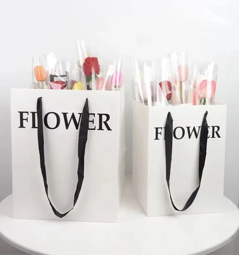 Custom Wholesale Wrapping Flower Paper Bag Design Flower Bouquet Gift Box Black White Recycled Kraft Paper Bag