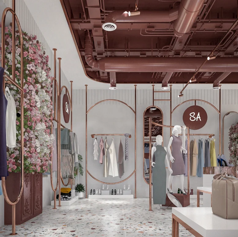 Free Design Women Clothing Shop Interior display accessories design rose gold stainless steel shelves delicate display rack
