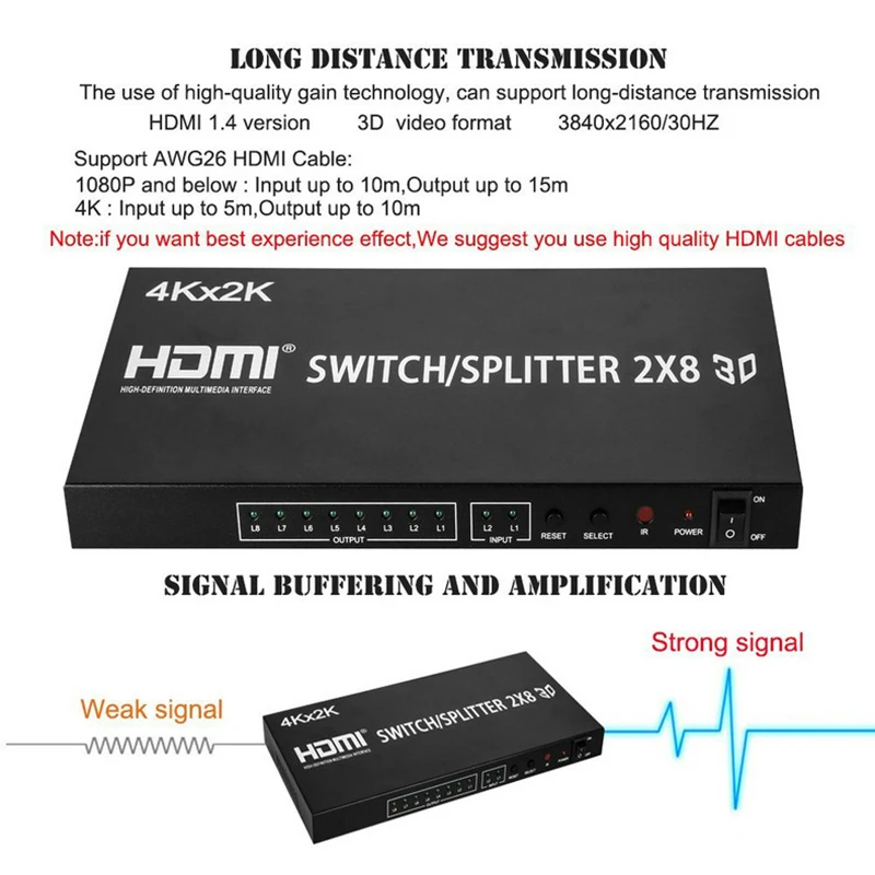 Дешевый разветвитель HDMI HD 1080P совместимый с 2x8 переключатель 2 входа 8 выходов Разветвитель в Выход 3D дистанционным