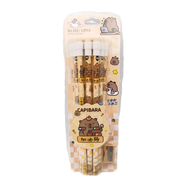 Anime Sanrio 12pcs Wooden Standard HB Pencils for Kids School Carpenter Stationery Set Kapibala rainbow pony Cartoon cuteness